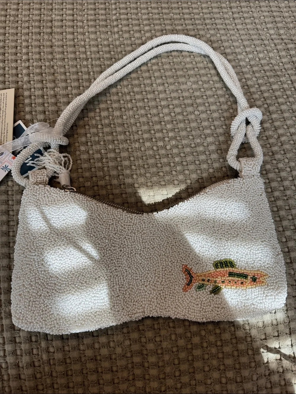 Beaded Fish Crossbody Bag - White with Green & Pink Fish